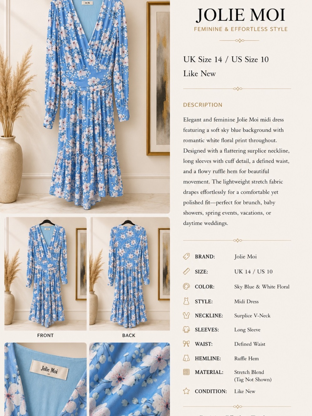 Jolie Sky Blue Floral Surplice Midi Dress